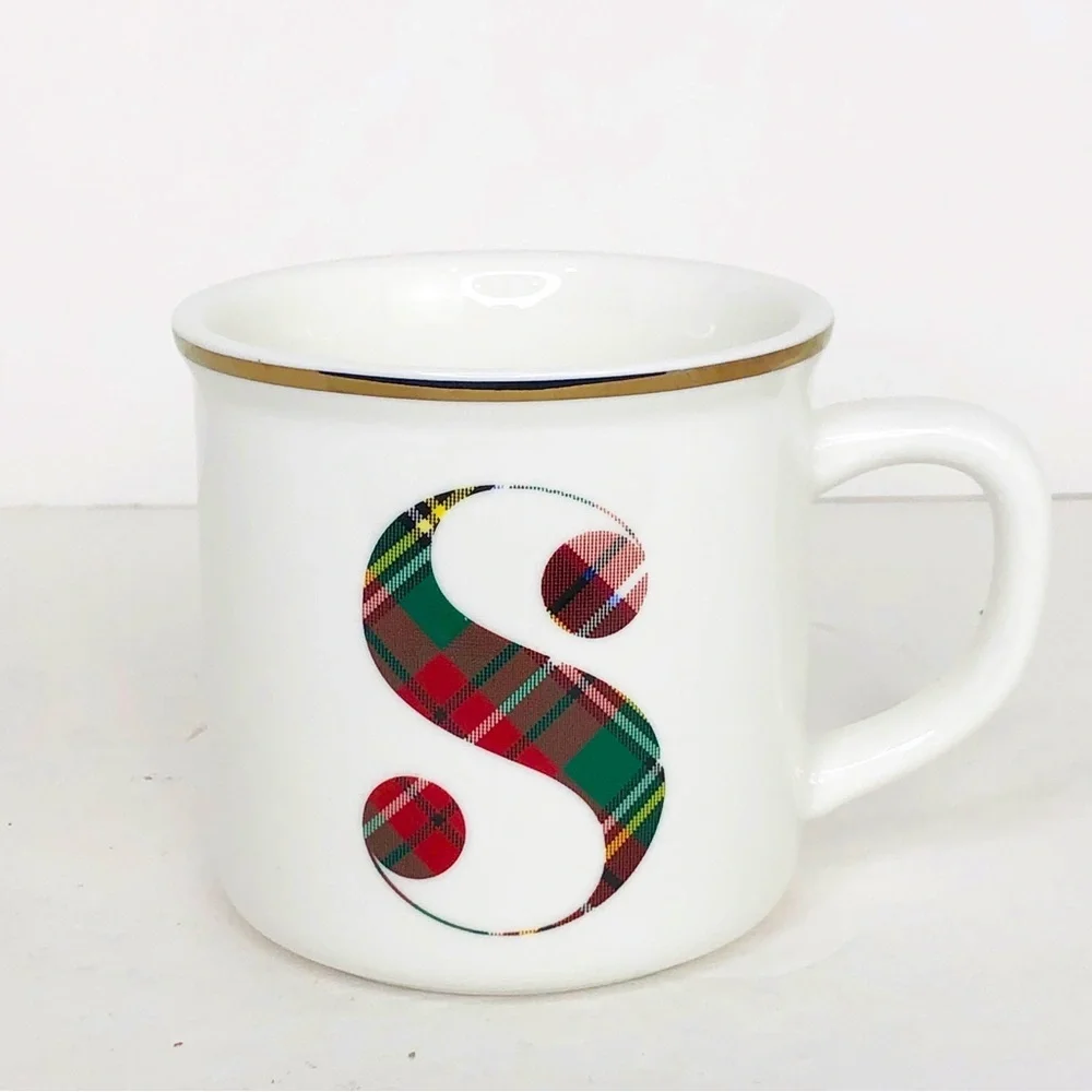 Pottery barn, gold toned, rimmed plaid S coffee mug